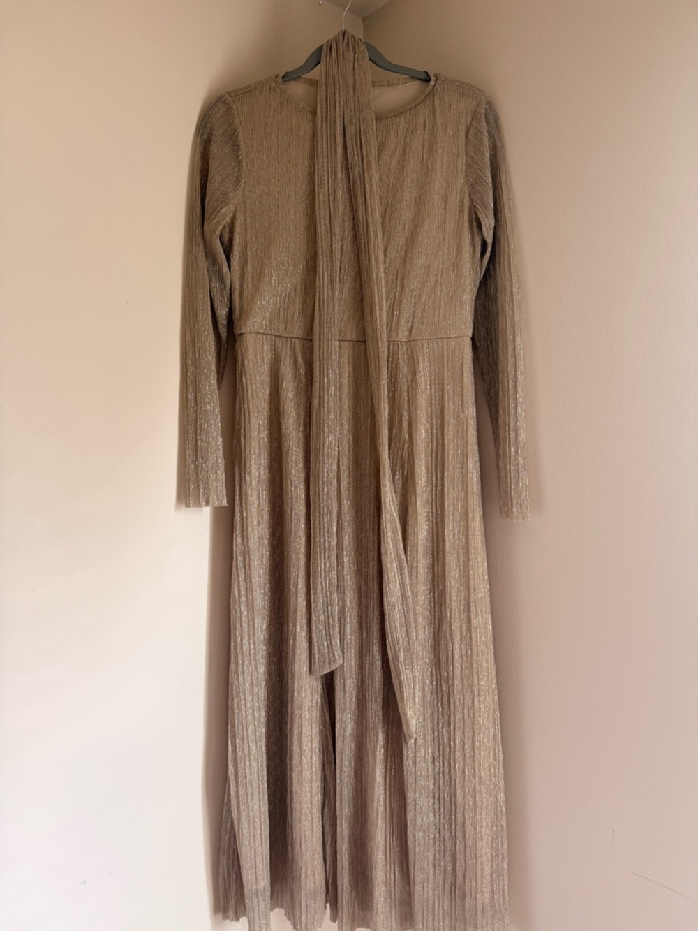 Anne Klein Metallic Taupe Long-Sleeve Maxi Dress with Waist Tie